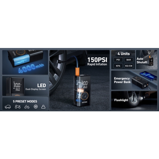 Kompresor AstroAI pompka akumulatorowa z powerbankiem i latarką LED 4000