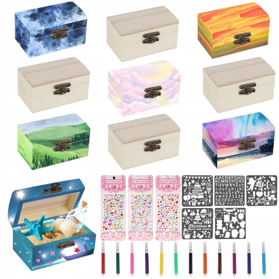 Zestaw 10 Mini Drewnianych Skrzyni DIY DECOUPAGE 5x5x9 cm