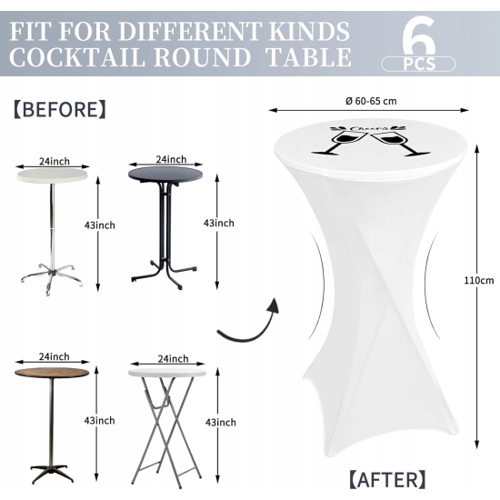 6-PAK POKROWIEC NA STOLIK BAROWY KOKTAJLOWY 60-65cm/110cm BIAŁY