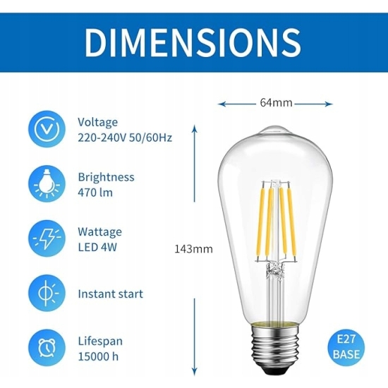 ANWIO żarówka RETRO 4 W ST64, gruszka retro E27 żarówki LED 6 SZT