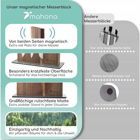Stojak na noże Mahona 23 cm brązowy drewno, MAGNETYCZNY